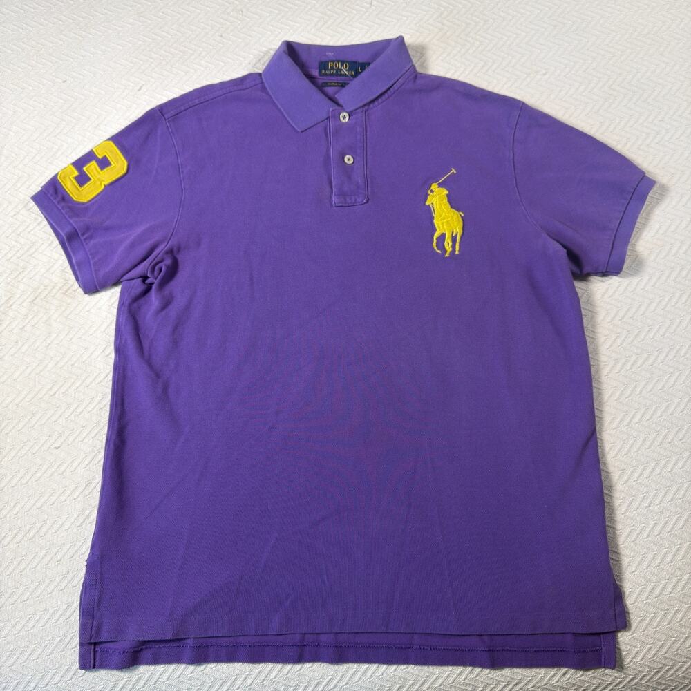 Men Polo Ralph Lauren Big Pony Polo Purple Yellow Shirt Number #3 Size Large